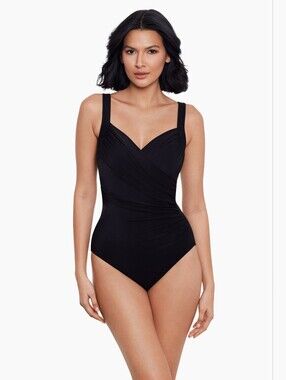 Miraclesuit Sanibel One Piece Swimsuit Black 12 Long Torso Ruched Tummy Control